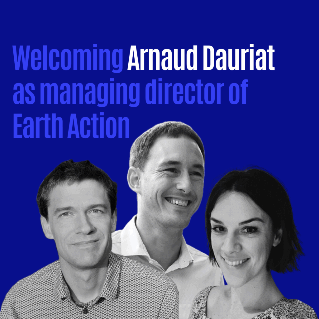 Portrait-style photo of Julien Boucher, Arnaud Dauriat, and Sarah Perreard from Earth Action on a bold blue background.